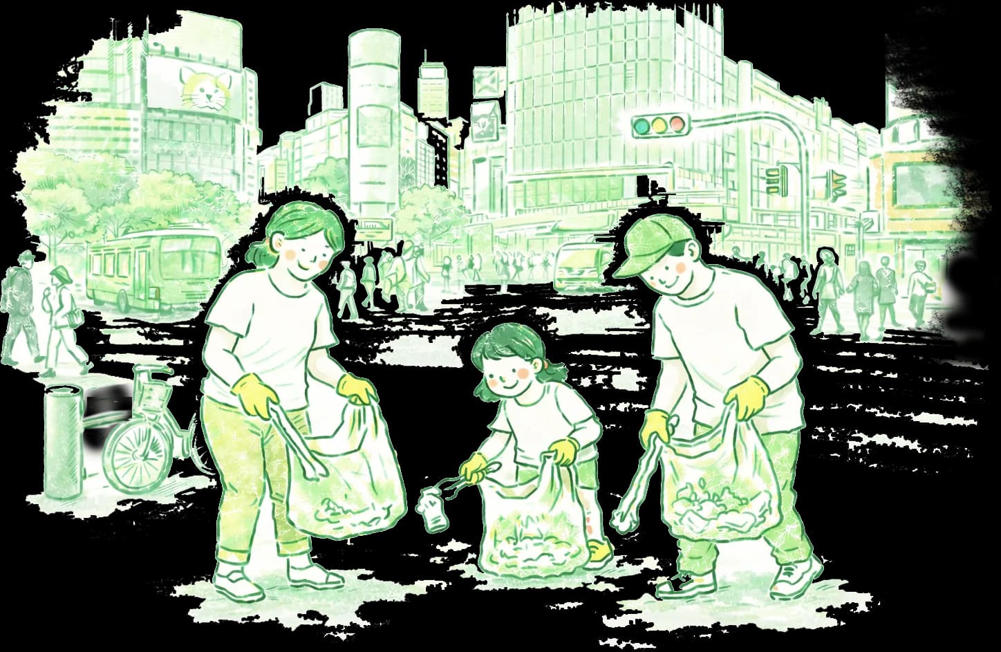 渋谷の街で親子がゴミ拾いをしている水彩風イラスト